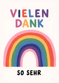 Bunte Schrift mit „VIELEN DANK SO SEHR“ über einem mehrfarbigen Regenbogen.