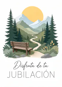 Tarjeta de jubilación con un banco frente a montañas, pinos, un sendero y un sol dorado.