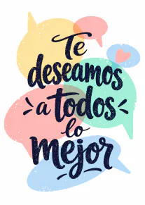 Tarjeta con el mensaje «Te deseamos a todos lo mejor» sobre bocadillos de colores pastel.