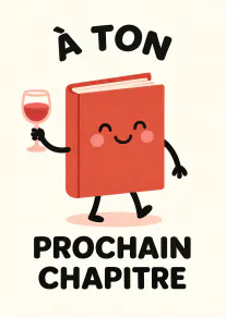 Carte crème avec un livre rouge souriant tenant un verre de vin et le texte « À TON PROCHAIN CHAPITRE ».