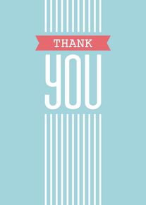 Minimal blue thank you card with coral banner and tall white stripes on background layout.