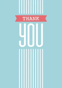 Minimal blue thank you card with coral banner and tall white stripes on background layout.