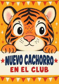 Tarjeta naranja con un tigre sonriente y el texto «NUEVO CACHORRO EN EL CLUB».