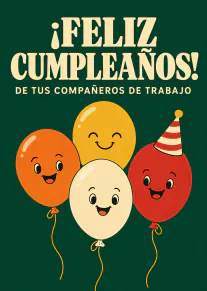 Tarjeta verde oscuro con cuatro globos sonrientes y el mensaje de cumpleaños de los compañeros de trabajo.