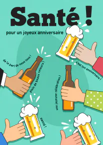 Carte turquoise avec mains levant des bouteilles et chopes de bière, accompagnées de messages d’anniversaire.