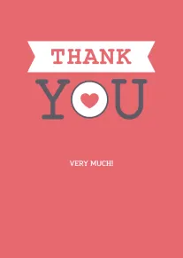 Pink thank you card with white banner, heart icon, and bold very much lettering design.
