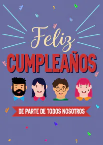 Tarjeta morada con el texto «Feliz cumpleaños» y cuatro rostros ilustrados sobre una banda roja.