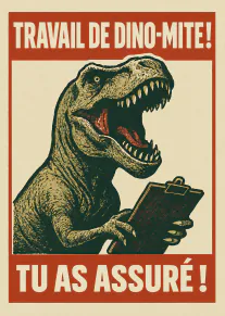 Carte rétro montrant un tyrannosaure tenant un bloc-notes, avec un message de félicitations en français.