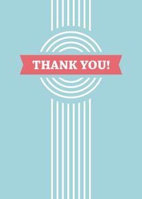 Light blue thank you card with white geometric circles, stripes, and coral banner text centered