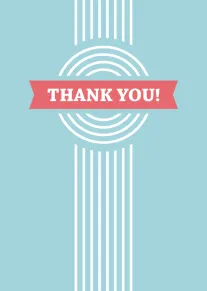 Light blue thank you card with white geometric circles, stripes, and coral banner text centered