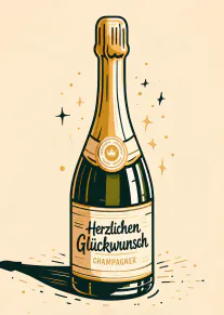 Illustrierte Champagnerflasche mit der Aufschrift „Herzlichen Glückwunsch“ vor beigem Hintergrund mit Sternen.