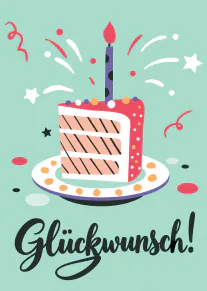 Illustrierte Geburtstagstorte mit Kerze, Konfetti und dem Schriftzug „Glückwunsch!“ auf mintgrünem Hintergrund.