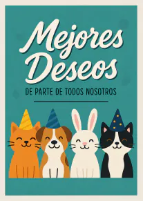 Tarjeta turquesa con un gato, un perro, un conejo y otro gato con sombreros de fiesta.