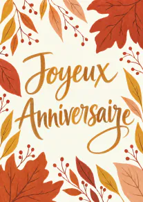 Carte crème avec l’inscription « Joyeux Anniversaire » entourée de feuilles et baies automnales.