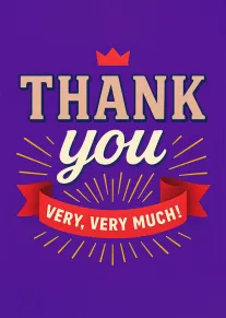 Purple thank you card with crown, ribbon banner, and bold retro lettering on centered design.