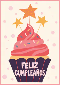 Tarjeta de cumpleaños con una magdalena rosa, estrellas naranjas y el texto «FELIZ CUMPLEAÑOS».