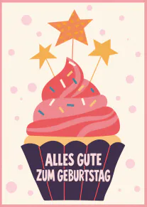 Illustration einer rosa Torte mit Streuseln, Sternen und dem Schriftzug „ALLES GUTE ZUM GEBURTSTAG“.