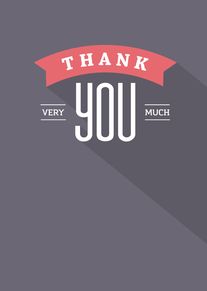 Bold Thank You Very Much typography on a grey card with coral ribbon banner design.