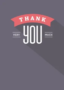 Bold Thank You Very Much typography on a grey card with coral ribbon banner design.
