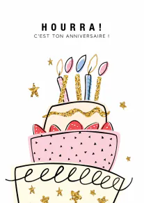 Carte d’anniversaire blanche avec trois gâteaux colorés, des bougies et des étoiles dorées scintillantes.