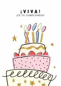 Tarjeta blanca con una tarta de capas rosa y crema, velas de colores, estrellas doradas y el texto «¡VIVA! ¡ES TU CUMPLEAÑOS!».