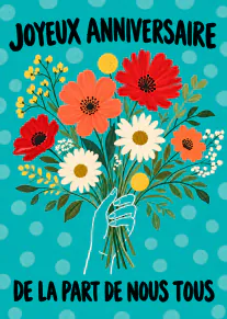 Carte turquoise à pois avec une main tenant un bouquet de fleurs rouges, blanches, orange et jaunes.