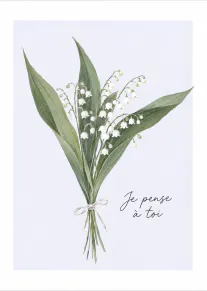 Carte illustrée d’un bouquet de muguet blanc noué d’un ruban, avec le texte « Je pense à toi ».