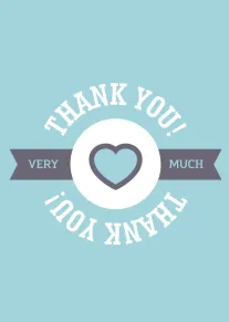 Blue thank you card with a heart emblem and ribbon reading very much centered design.