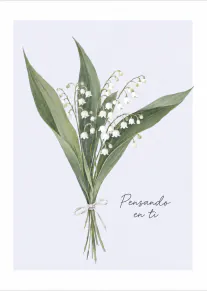 Tarjeta con ilustración botánica de un ramo de lirios del valle y el texto «Pensando en ti».