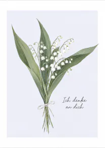 Zarte Aquarellillustration eines gebundenen Maiglöckchenstrausses mit dem Schriftzug „Ich denke an dich“.