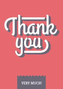 Bold retro thank you very much card in pink with white script and gray shadow.