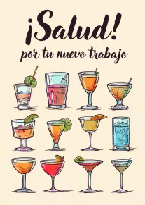 Tarjeta beige con el mensaje «¡Salud! por tu nuevo trabajo» y doce copas de cóctel ilustradas.