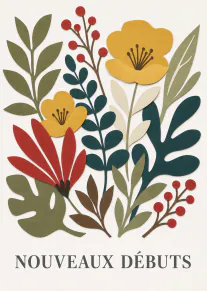 Carte ornée d’un bouquet de fleurs et de feuillages stylisés, avec le texte « NOUVEAUX DÉBUTS » en bas.