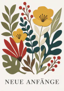 Karte mit ausgeschnittenen Blumen und Blättern in Gelb, Rot, Grün und Blau sowie dem Schriftzug „NEUE ANFÄNGE“.