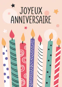 Carte rose pâle avec sept bougies d’anniversaire colorées et le texte « JOYEUX ANNIVERSAIRE ».