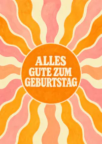 Retro-Geburtstagskarte mit orangefarbener Sonne und rosa-orangefarbenen Strahlen.