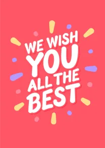 Pink card with white text We wish you all the best surrounded by colourful confetti.