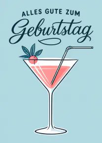 Hellblaue Geburtstagskarte mit rosa Cocktail im Martiniglas, Olive und dem Schriftzug „ALLES GUTE ZUM Geburtstag“.