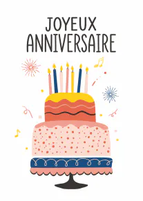 Carte d’anniversaire avec un grand gâteau à étages, des bougies et le texte « JOYEUX ANNIVERSAIRE ».