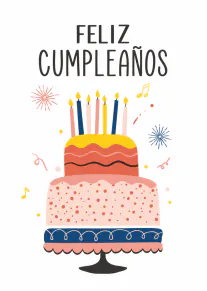 Tarjeta blanca con el texto «FELIZ CUMPLEAÑOS» sobre una tarta de tres pisos con velas, confeti y notas musicales.