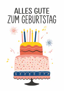 Weiße Geburtstagskarte mit dem Schriftzug „ALLES GUTE ZUM GEBURTSTAG“ und einer dreistöckigen bunten Torte mit Kerzen.