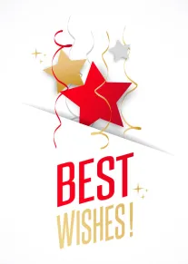 White celebration card with red and gold stars, streamers, and Best Wishes text.