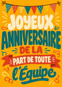 Carte orange au style rétro avec fanions et le message « JOYEUX ANNIVERSAIRE DE LA PART DE TOUTE l’Équipe ».