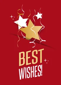Red card with gold and white stars, streamers, and bold Best Wishes text on red.