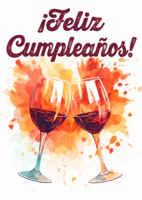 Tarjeta de cumpleaños con el texto «¡Feliz Cumpleaños!» y dos copas de vino tinto sobre salpicaduras naranjas.