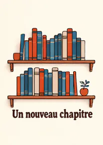 Deux étagères de livres bleus, orange et crème, avec une petite plante et le texte « Un nouveau chapitre ».
