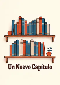 Ilustración de dos estanterías con libros azules, naranjas y crema, una planta en maceta y el texto «Un Nuevo Capítulo».