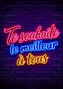 Lettrage néon rose, bleu et jaune sur un mur de briques violet foncé : « Te souhaite le meilleur à tous ».