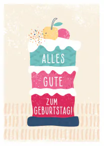 Illustration einer dreistöckigen rosa und türkisfarbenen Torte mit Kirsche und dem Text „ALLES GUTE ZUM GEBURTSTAG!“