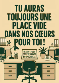 Carte de départ beige montrant un bureau avec le message qu’une place restera dans nos cœurs.